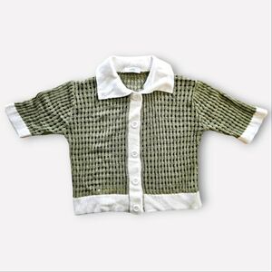 Twee K-Brand Open Knit Crochet Button Down Short Sleeve Collared Blouse Shirt S